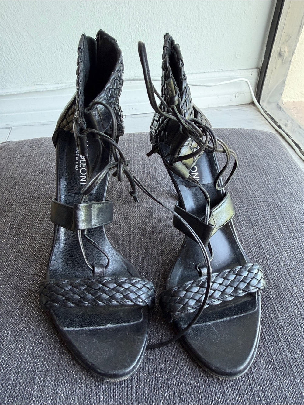 Napoleoni Italian Black Women's Braided Lace-Up High Heel Sandals